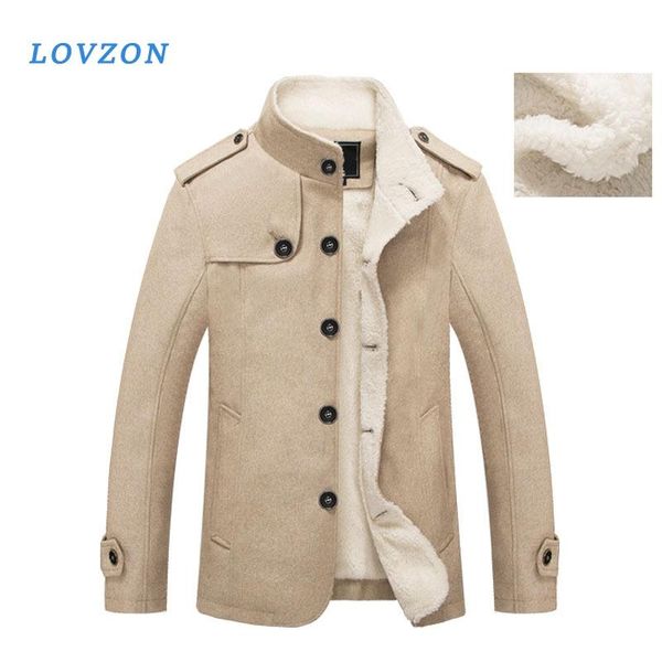 

men's wool & blends lovzon winter coat fleece lined thick warm coats autumn overcoat mens blend jackets brand clothing 2021, Black