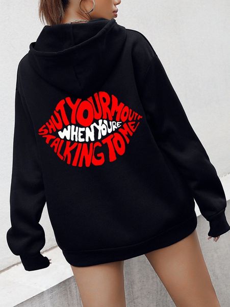 

lip & slogan graphic drop shoulder drawstring thermal hoodie a0jk#, White;black
