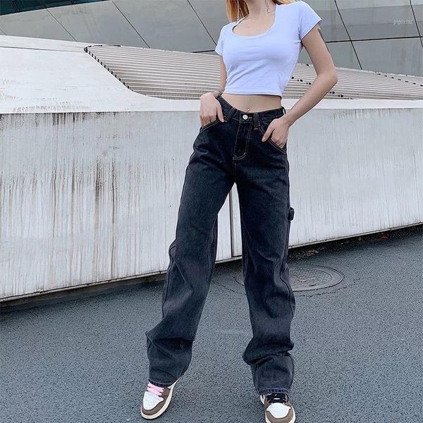 

2020 new smoke grey bf retro casual high waist wide legs ins straight barrel baggy jeans woman1, Blue