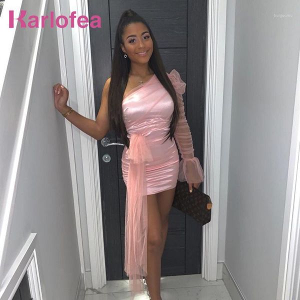 

karlofea lady elegant wedding party outfits sweet mesh ruched slim mini wrap dress chic puff sleeve one shoulder birthday dress1, Black;gray