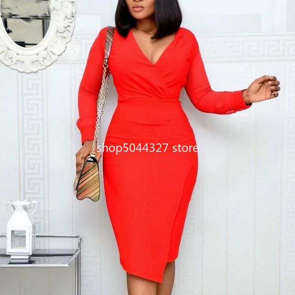 

women long sleeves bodycon v neck dresses slim elegant skinny package hip large size elastic spring fashion vestidos 2021 new, Black;gray