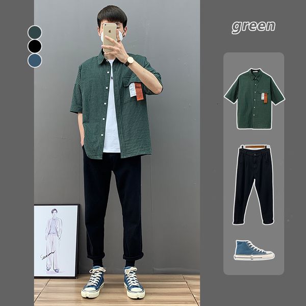 

ins stripe short sleeve men's loose big size trendy youth fashion casual shirt coat