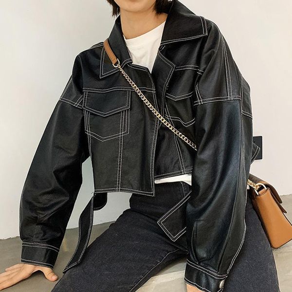 

fashion oversized coat faux leather jacket women autumn loose motorcycle biker jackets female punk streetwear ladies outwear1, Black