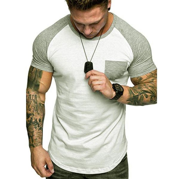 

men's t-shirts summer slim fit patchwork pocket short sleeved t-shirt blouse sketch printed t shirt casual o-neck, White;black
