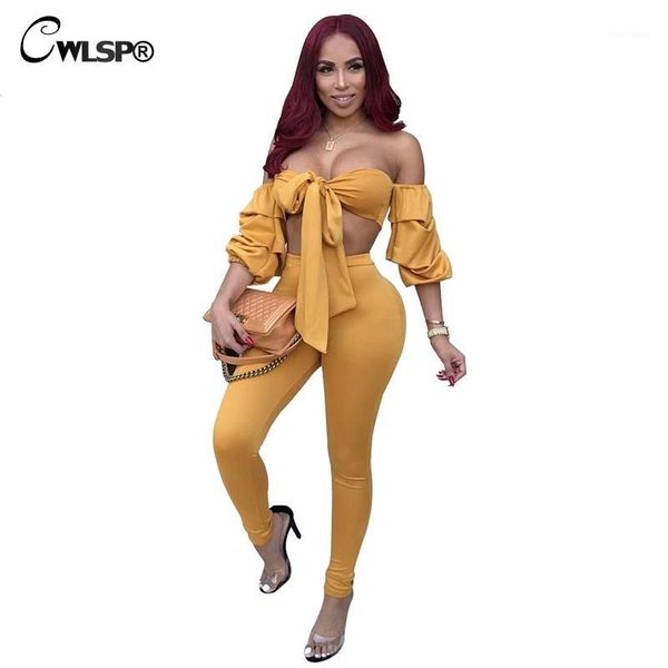 

women's tracksuits cwlsp women 2 piece set puff sleeve strapless crop with full pants fashion bowknot lace up stellen sie ein qz237, Gray