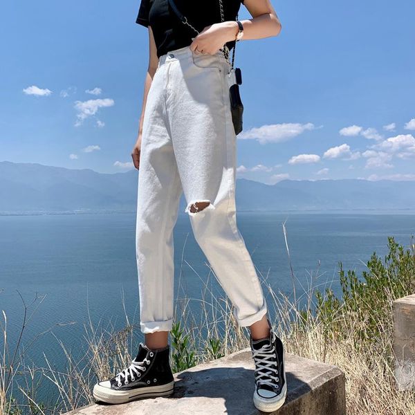 

women's jeans 2021 summer female cropped denim pants with hole at knee white women, Blue