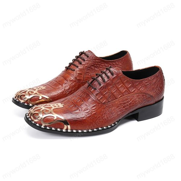

fashion metal charm genuine leather men shoes plus size business formal oxford shoes men lace up brogue shoes, Black