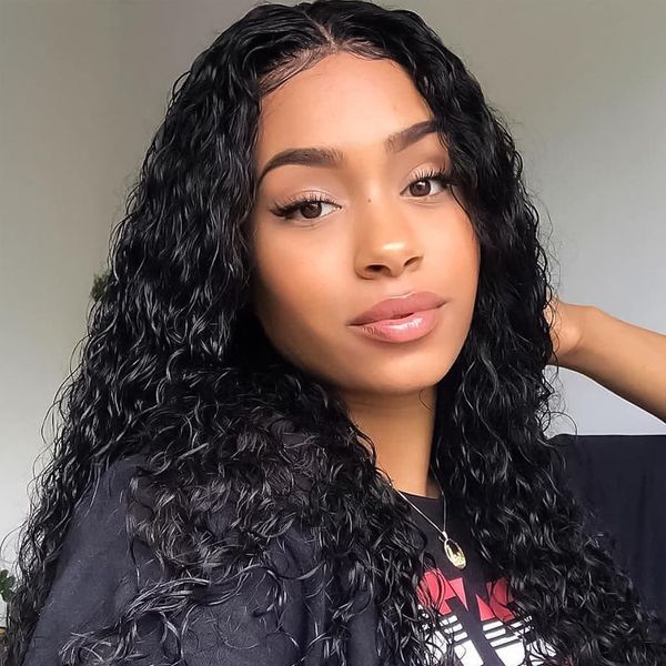 

water wave wig curly lace front human hair wigs for black women bob long deep frontal brazilian wig wet and wavy hd fullcycrt, Black;brown