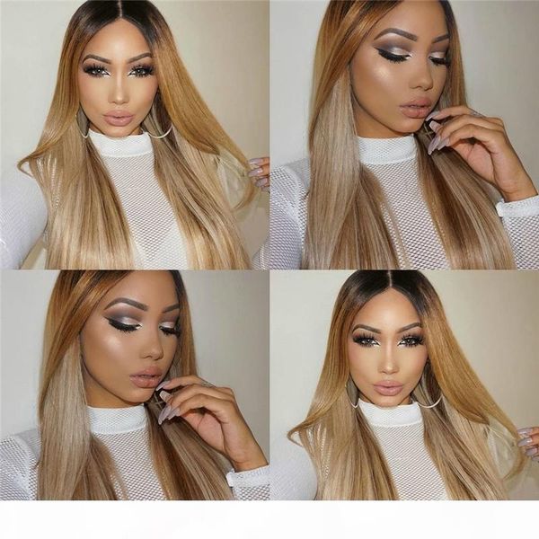 

brazilian human hair glueless wigs 1b 27 ombre silky straight middle part full lace wigs 130% density for black women, Black;brown