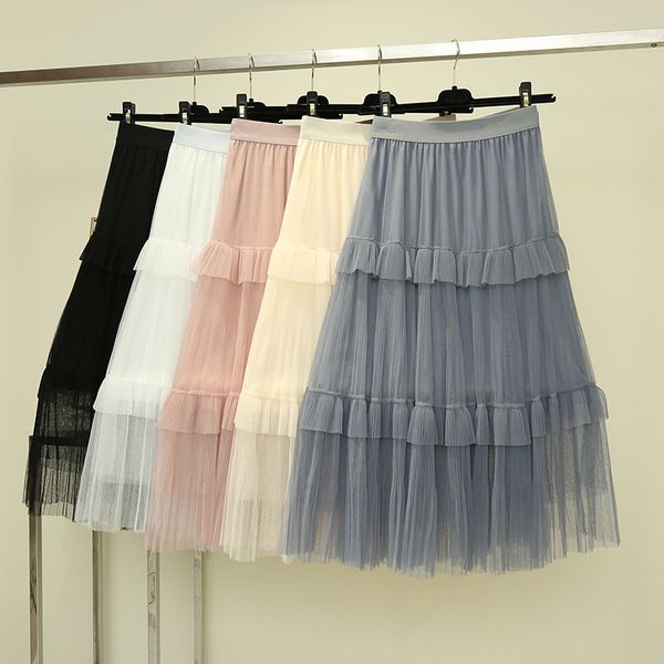 

mesh skirt 2020 spring women's mid-length small pleated y1214, Black