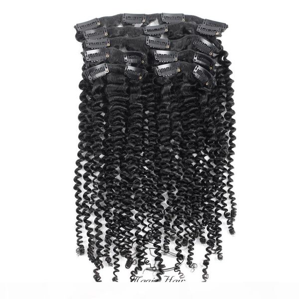 

evermagic hair 7 pieces set brazilian kinky curly clip in hair extensions 100% virgin human hair natural color 120g set, Black;brown