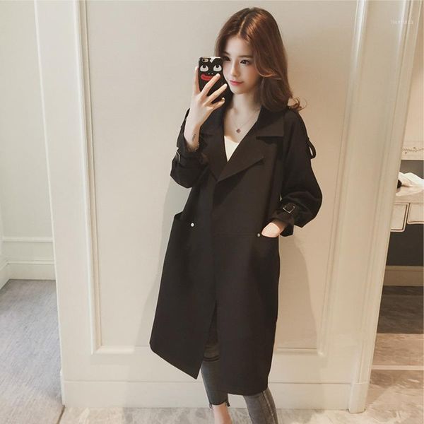 

2020 spring autumn new pattern lapel long sleeve solid patchwork double pockets casual windbreaker women jacket v4081, Tan;black