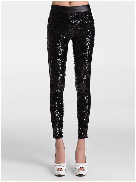 

spring summer 2021 funk pu sequins leggings sequin pants elastic high waist club faux leather shiny silver/gold/red, Black