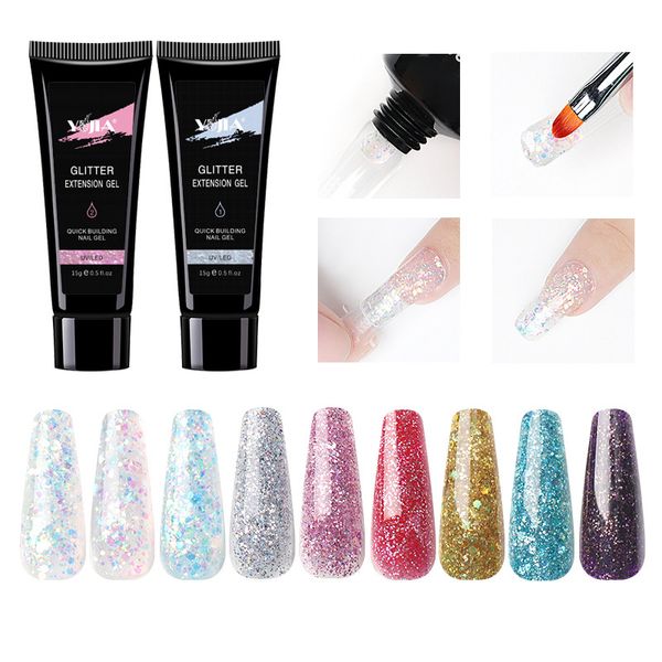 15ml Glitter Extension Gel per unghie Gel duro acrilico 9 colori Crystal Gel Nail Polish Builder Suggerimenti Miglioramento Estensione rapida