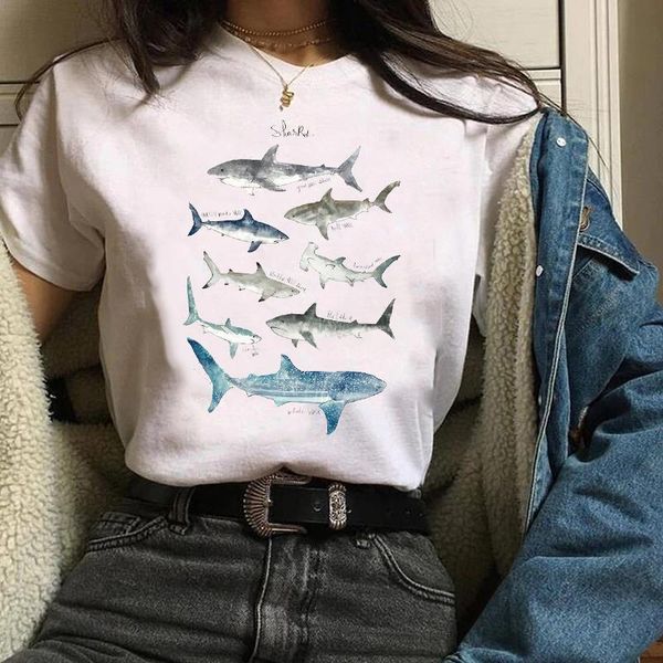 

женщины lady tee tees tops графическая акула мультфильм животные печать симпатичная печатная одежда 90s одежда женская футболка женская футб, White