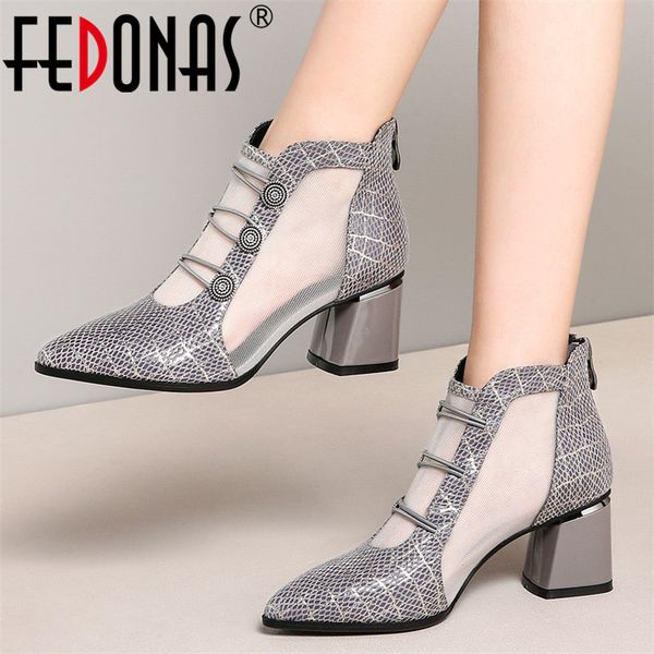 

fedonas fashion ankle women new elegant pumps genuine leather breathable mesh shoes spring summer office lady short boots q1104, Black
