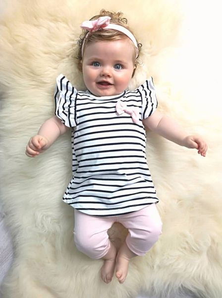 

newborn baby girl clothes outfit set short sleeve casual stripe cute bow pink pants headband infant clothing 3pcs suit 1021, White