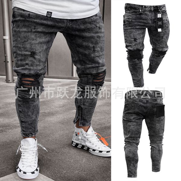 

men's grey ripped skinny jeans new stretch cropped pants casual low waist brushed slim fit zipper tights #kh2022, Blue