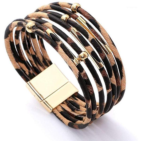

fashion leopard bracelets for women multilayers genuine pu leather copper pipes bead wrap bracelets magnet buckle cuff1, Golden;silver