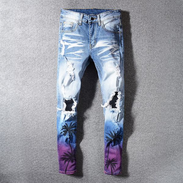 

2021 new italian style fashions skinny strain pants new designer classic male hole blue printing jeans r0s1