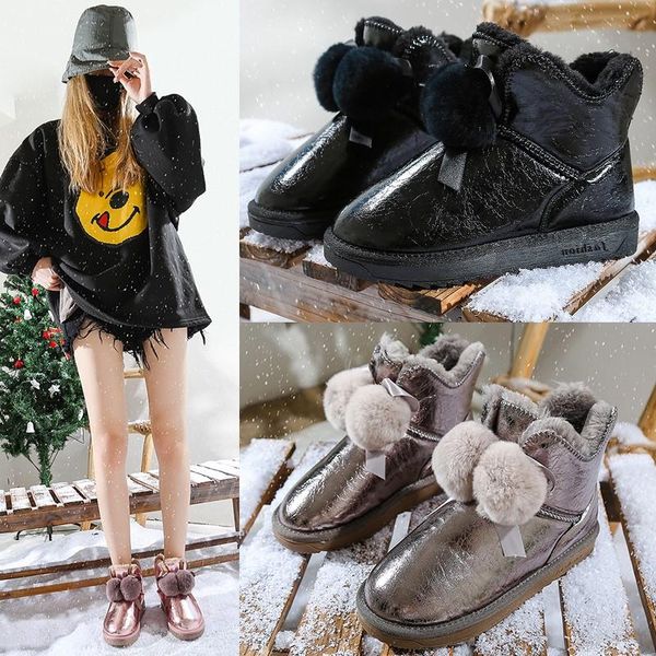 

boots winter with fur female shoes boots-women australia round toe luxury designer flat heel plush ladies 2021 leather, Black