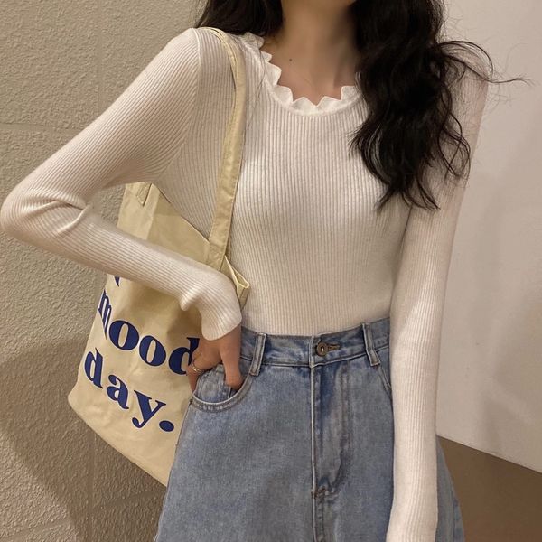 

fi2zl fall 2020 pullover pulloverlace pulloverfashion slim lace threaded bottomed t-shirt pullover low crew neck solid fit color long sleeve, White;black
