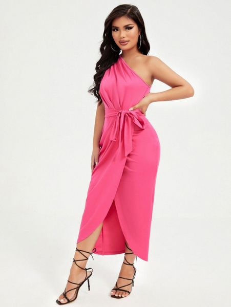 

one shoulder tulip hem belted dress o0uv#, Black;gray