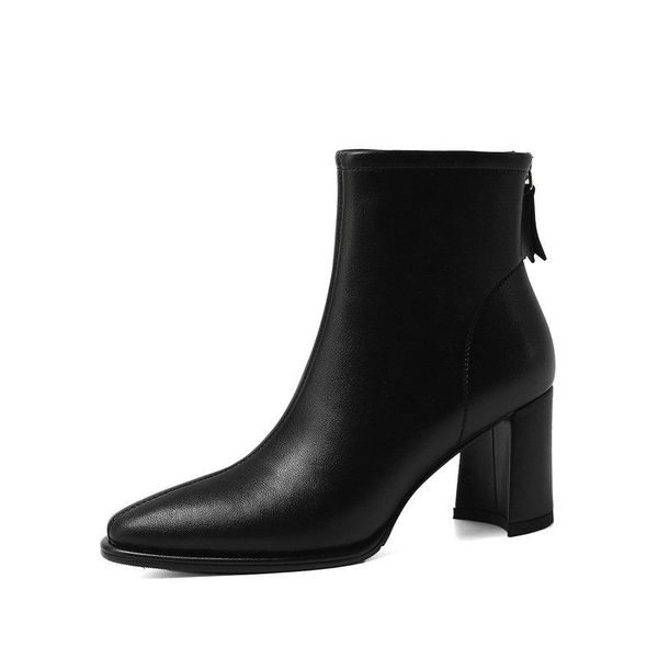 

2020 new women pointed toe square heels ankle boots new genuine leather back zipper elegant winter boots party shoes woman, Black