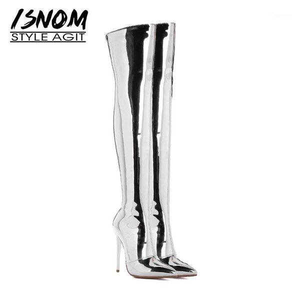 

boots isnom mirror pu over the knee women pointed toe footwear party high heels boot zip shoes woman 2021 winter plus size 32-431, Black