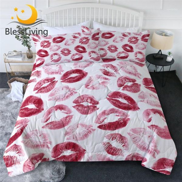 

blessliving red lips quilted quilt watercolor kisses bedding throw women art girl thin duvet 3-piece comforter couette1