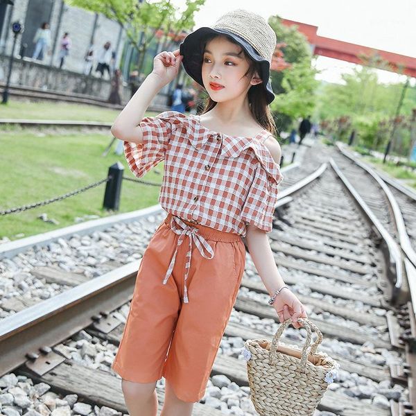 

off shoulder plaid blouses girls 2 pcs outfits children clothing sets kids wide leg pants suits casual teen girls summer clothes1, White