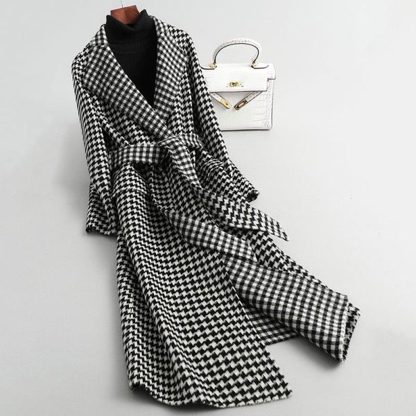 

coat new long houndstooth waistband 2020 woolen coats women plaid arrivals dvlgh, Black