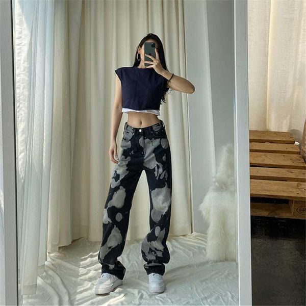 

women 2020 wide leg pants korean style straight wide leg jeans straight tie dye print trousers high waist hip hop streetwear1, Black;white