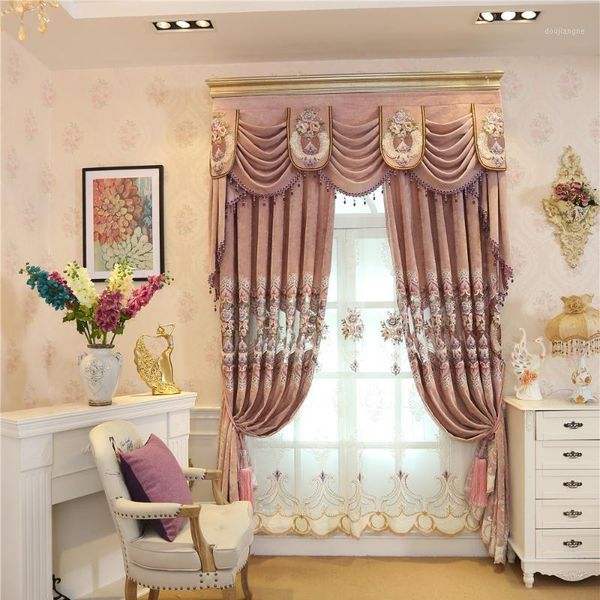 

100% cotton european luxury pink decorative full shade embroidered floor curtains for the living room bedroom flat window1