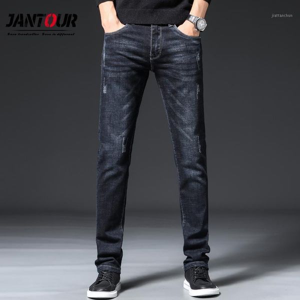 

jantour jeans men skinny jeans winter 2020 business casual slim men mid straight trousers scratched pocket pants size 381, Blue