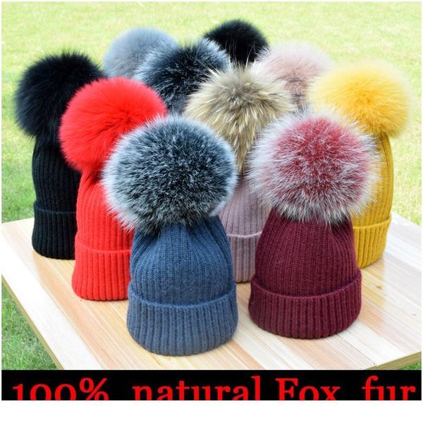 

2020 new winter hat luxury quality fox fur pompom hats beanie girls women bonnet winter hats f qyltjc, Blue;gray