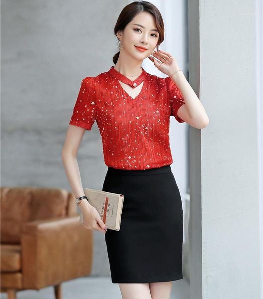 

work dresses summer short sleeve formal women business suits with skirt and for ladies office wear blouses shirts sets red1, White;black