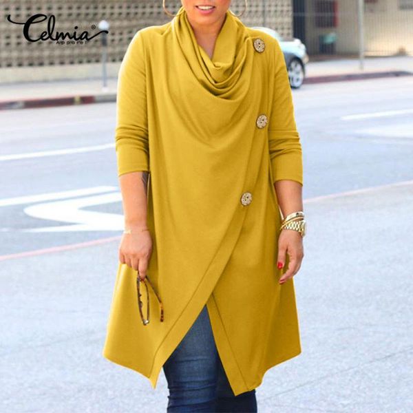 

celmia fashion women cowl neck asymmetrical blouses long sleeve 2021 autumn solid vintage buttons casual shirts plus size, White