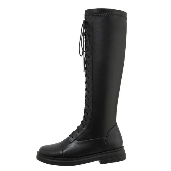 

lace up knee high boots women winter shoes 2020 flats women's high boots black casual warm fur long large size 46