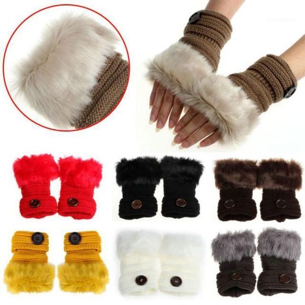 

winter women fingerless wrist gloves button faux fur knitted gloves thick warm knitted warmer driving outdoor mitten1, Blue;gray