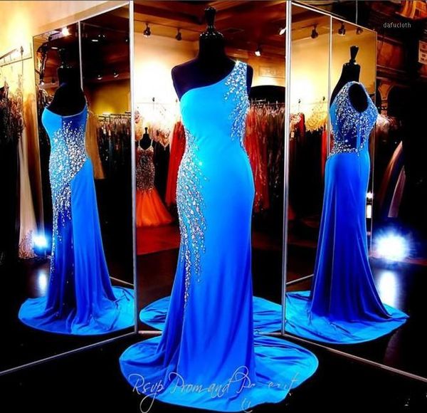 

blue one shoulder formfitting evening party gown see through hand beading crystal prom dresses side zipper pageant dress1, White;black