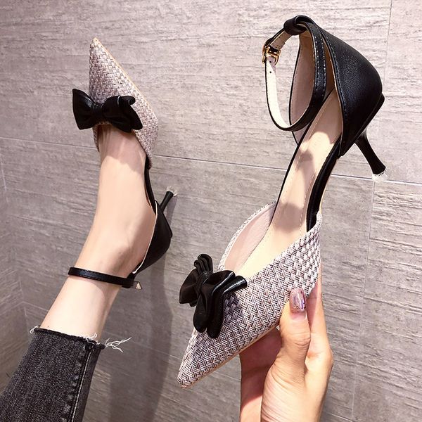 

2021 new foot pointed shallow mouth thin bowknot unique women's shoes hollow autumn and winter fashion heels lphk, Black