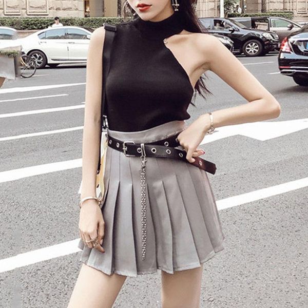 

fashion summer 2 piece skirt set outfits women halter off shoulder female+belted mini pleated skirt 2020 club set1, White