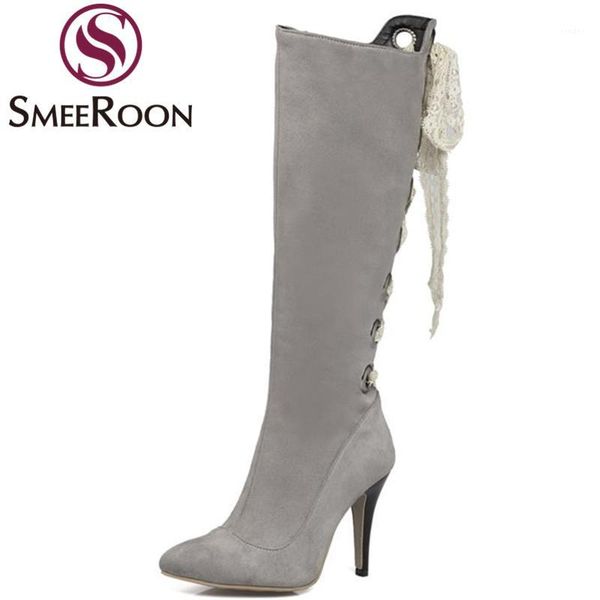 

boots smeeroon woman knee high unique riband pointed toe winter fashion flock side zipper heels womens shoes1, Black