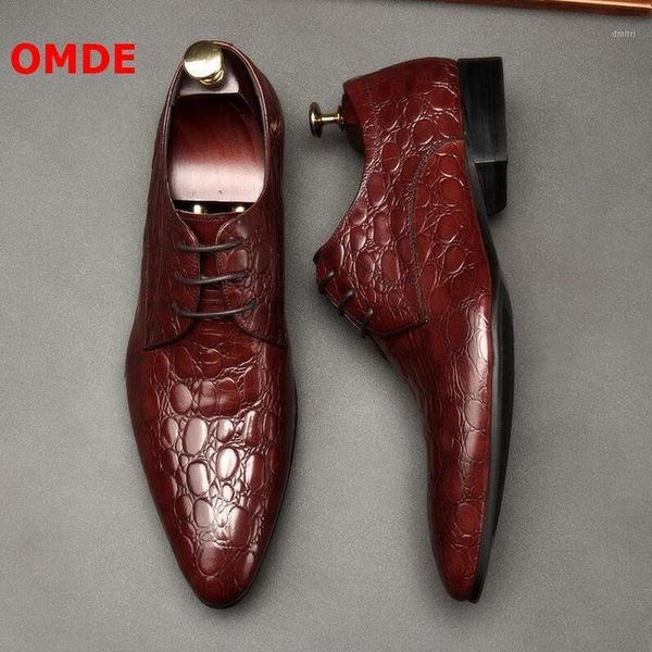 

omde genuine leather mens shoes pointed toe men dress shoes stone grain lace-up formal man business office1, Black