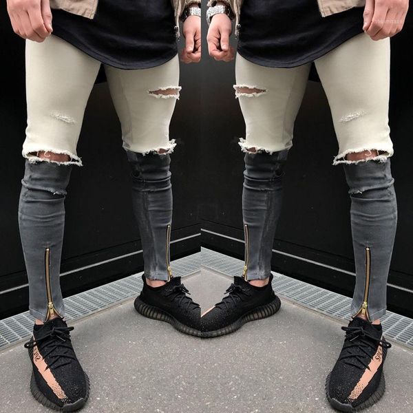 

nice new men ripped holes jeans zip skinny biker jeans black white with pleated patchwork slim fit hip hop men pants1