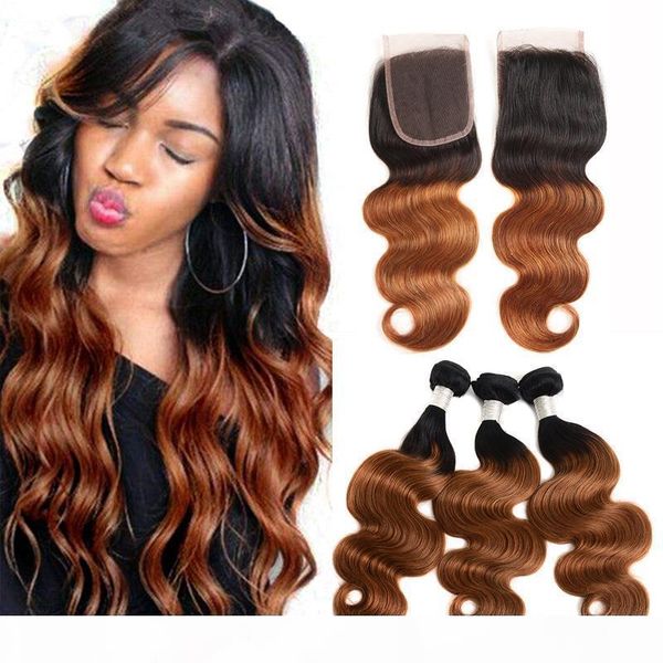 

2 tone ombre hair 3 bundles with 4*4 lace closure brazilian virgin hair body wave ombre human hair bundles #1b 30, Black;brown
