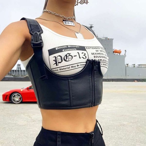 

2020 summer new pu leather slim letter print short waistcoat, Black;white