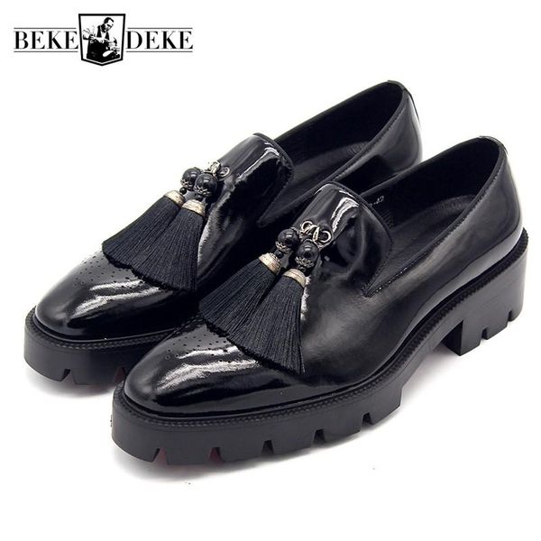 

2020 new slip on tassels loafers men british thick platform med heels dress shoes genuine leather party brogue shoes, Black