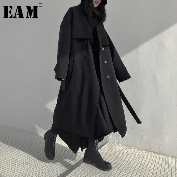 

[eam] women long cotton-paded big size trench new lapel long sleeve loose fit windbreaker fashion spring autumn 19a-a702 201110, Tan;black